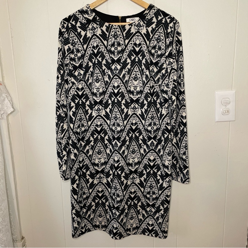 Cato Black and White Sheath Dress Long Sleeve Crew Neck